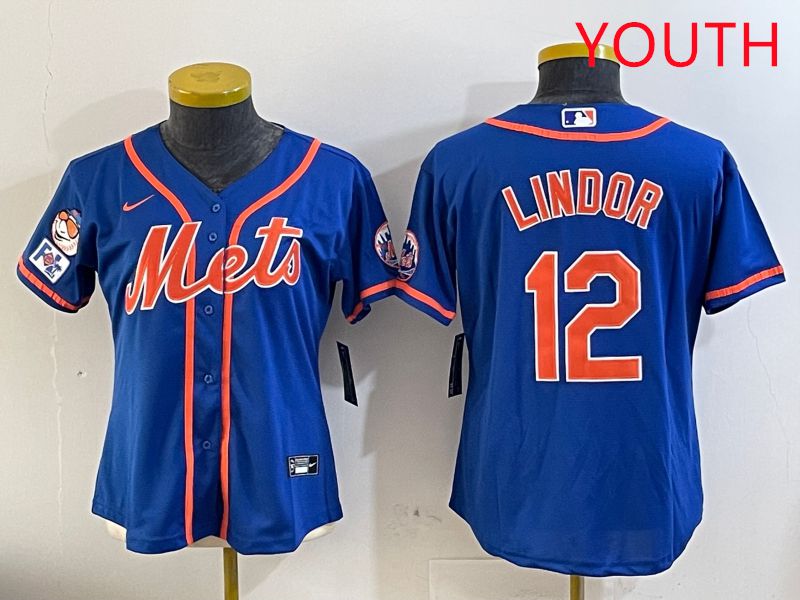 Youth New York Mets 12 Lindor Blue Game Fashion 2025 Nike MLB Jersey style 1